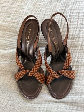 Louis Vuitton Brown Damier Cross Strap Slingback Heels